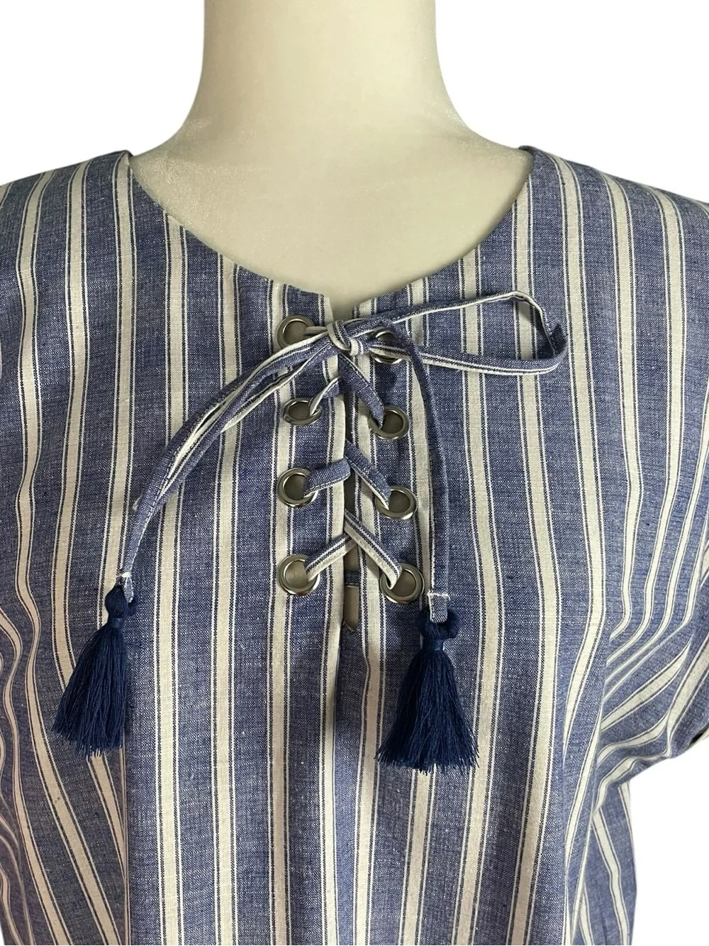 Love Tree Blue White Striped Lace-Up Tunic Dress Sz L Lightweight Cotton Blend